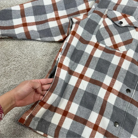 HFX Wool Blend Flannel Plaid Shacket Jacket Western Relaxed Fit Gray/Brown L - Picture 12 of 16